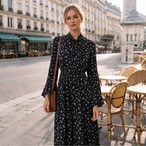 Les Rêveries Silk Floral Midi Dress w/Neck Bow Flare Sleeves | Sz 6